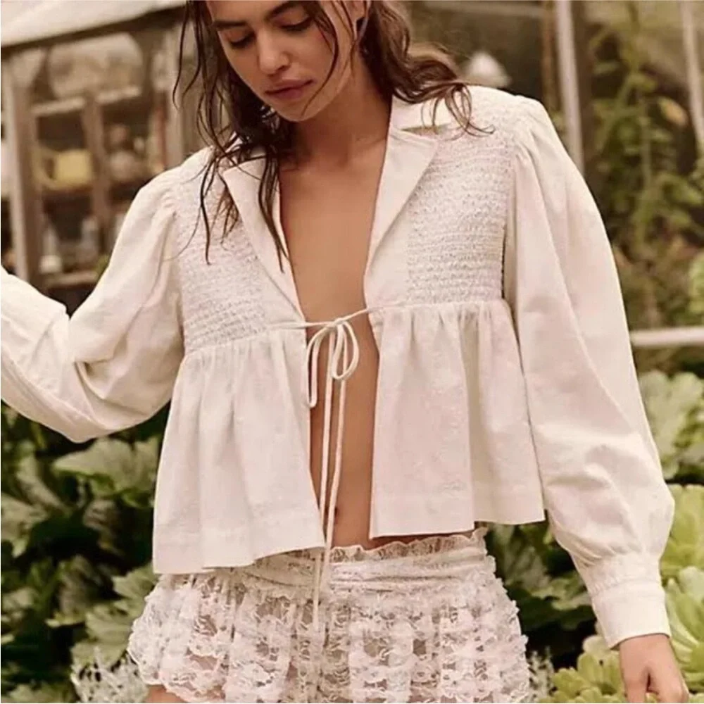 Free People Sally Trapeze Bed Jacket Smocked Off White Cotton Tie Front Top XL